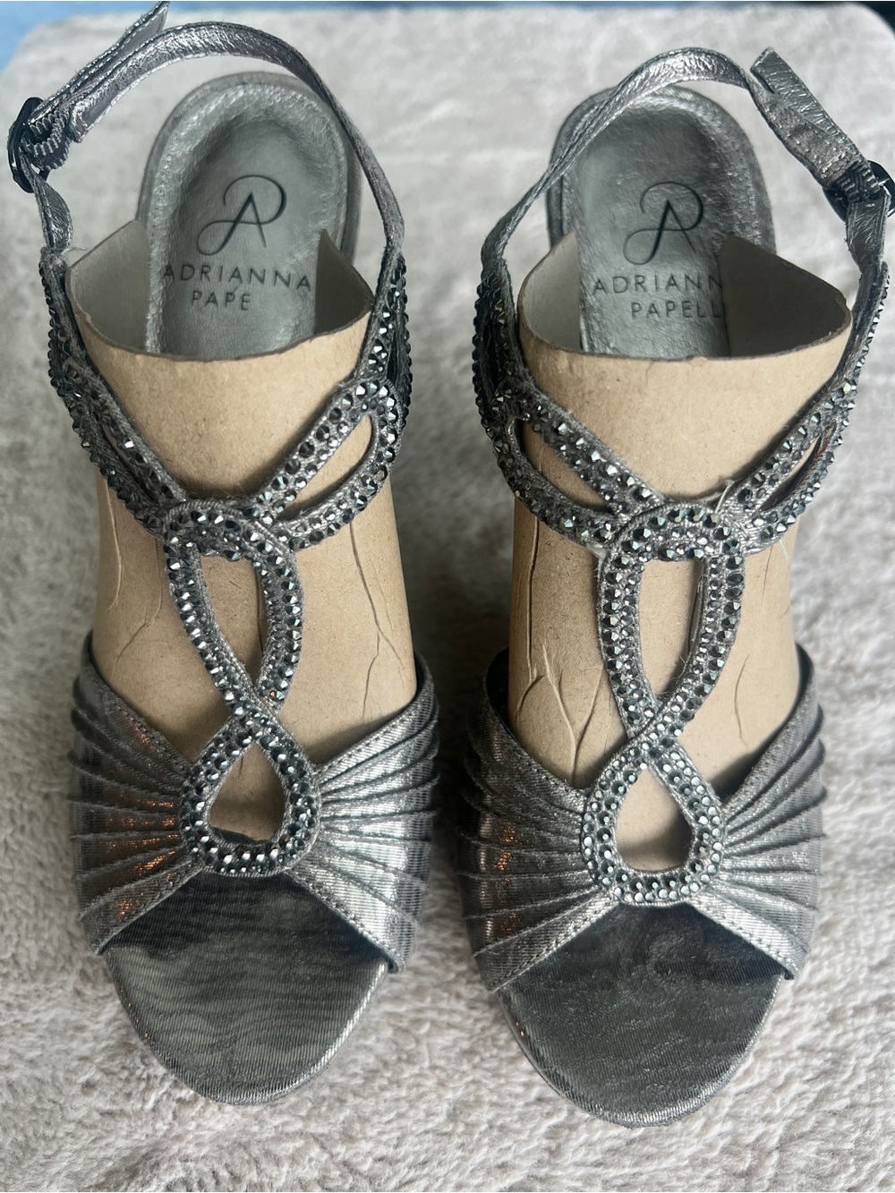 Adrianna Papel Metallic Silver Crystal-Detail Slingback Heels